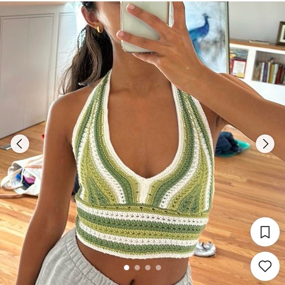 Y2K Style Hollister Green Stripe Knit Cropped Halter Top Sz M Retro Trendy